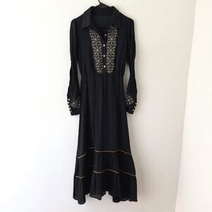 Embroidered Maxi Dress Womens Small Black Boho Tiered Crinkle Long Sleeve Goth